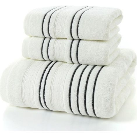 Ensemble de serviettes de bain en coton brodé 3 pièces 35x75cm Serviettes de bain géométriques pour les mains, le visage - Blanc (1/4)