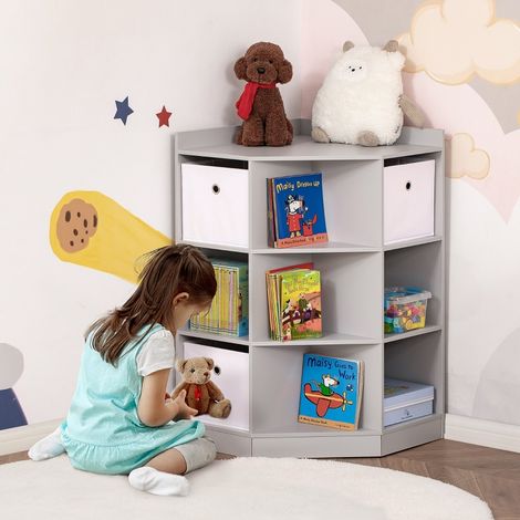 Estantería infantil esquinera (57.4x57.4x94 cm), con 9 compartimentos, 3 cajones de tela, madera MDF, gris (1/5)