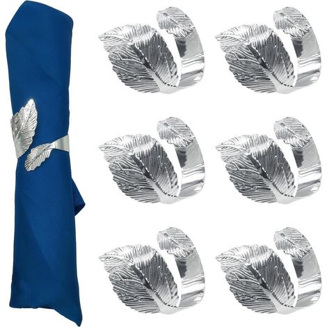 Ronds de serviette argentés, lot de 6, en forme de feuille, pour la décoration de table : mariage, anniversaire, Pâques, Noël, Halloween, Thanksgiving. (1/5)