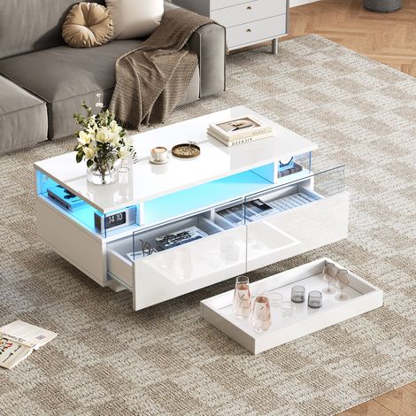 Table Basse Blanche Laquée LED 90x45 cm avec 2 Tiroirs, Table de Salon Moderne en Verre Trempé et Acrylique avec Plateau Amovible