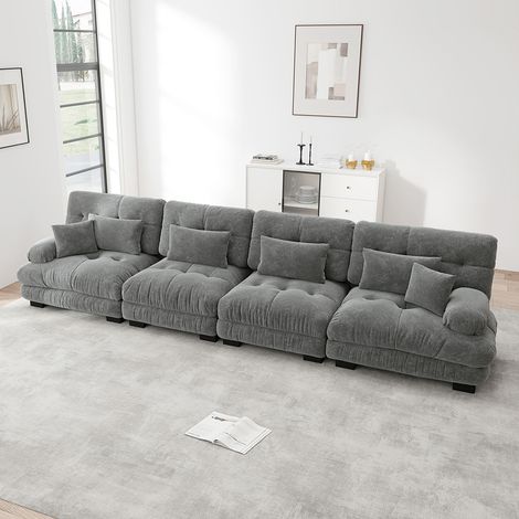 Canapé d'angle modulaire 4 places, coussins confortables, tissu chenille - Gris (1/5)