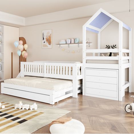 Cama infantil 90x200 cm con cama nido 90x190 cm, escalera lateral y espacio de almacenamiento, madera blanca (1/5)
