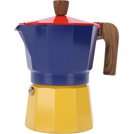 Cafetière italienne, 150 ml, capacité de 3 tasses, en aluminium avec valve unique, cafetière portable pour café cubain, pour la préparation à domicile, pour le camping, en rouge, bleu et jaune. (1/5)