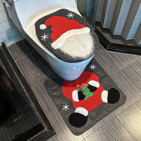 Ensemble de deux pièces housse de siège de toilette et tapis de toilette bonhomme de neige, Père Noël et gnome - Décoration de salle de bain saisonnière - Cadeau de Noël créatif et adapté (1/5)
