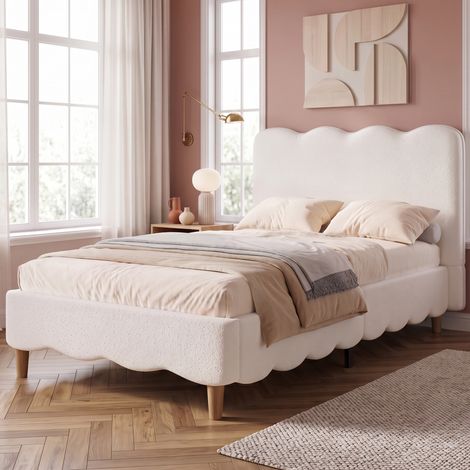 Letto bambino 90 x 200 cm con rete, testiera imbottita in bouclé bianco OKMYHOME (1/5)