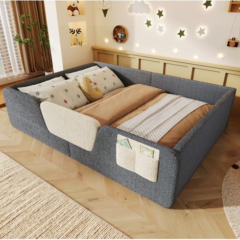 Letto imbottito junior 140 x 190 cm grigio con sponde di sicurezza e tasca (1/5)