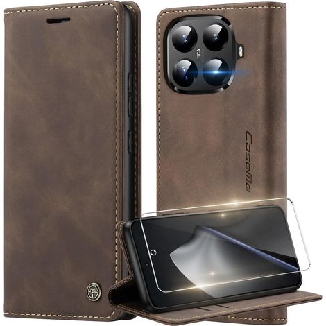 Coque pour Xiaomi 15T Pro 5G avec Verre Trempé Protection Écran, Étui Portefeuille Housse en Cuir Premium, et Porte Carte Coque Flip Case Étui pour Xiaomi 15T Pro 5G, Café (1/5)