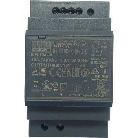 MW MEAN WELL HDR-60-15 Trasformatore Rotaia Industriale 15V 4A 60W Barra Guida DIN Rail Power Supply Universale