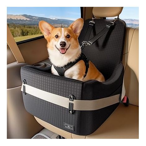 Siège Auto pour Chien, pour Chiens Petits/Moyens jusqu'à 15kg – Système de Sécurité, Coussin Mémoire de Forme 13cm, Housse Lavable, Coussin Double Face, pour Voyage– Noir (1/5)