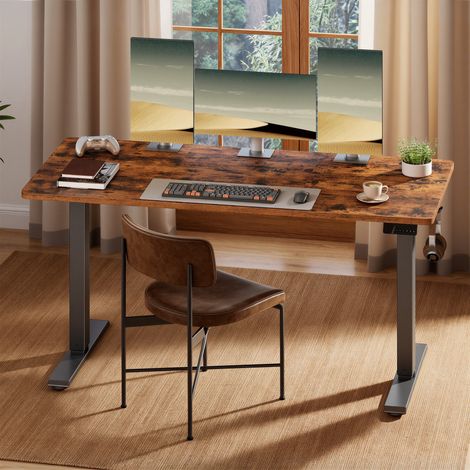 Bureau Assis-debout Réglable en Hauteur, avec Fonction Mémoire, Télétravail, Rappel de Sédentarité, 140 x 60 cm, Marron (1/5)