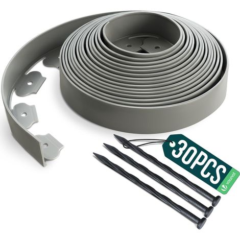 Vounot – Bordure de jardin flexible 10M en PE – 30 piquets de 20cm – hauteur 5cm – épaisseur 4mm – gris résistant aux intempéries