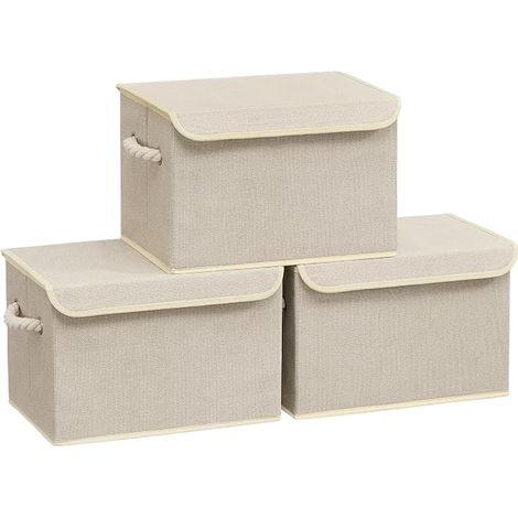 Storage Box with Lid, Set of 3, Foldable, Fabric Basket, Storage Bin with Handles, for Bedroom, Living Room, Dressing, 15 x 25 x 25 cm, Sand Beige RFB013LZ01 (1/3)