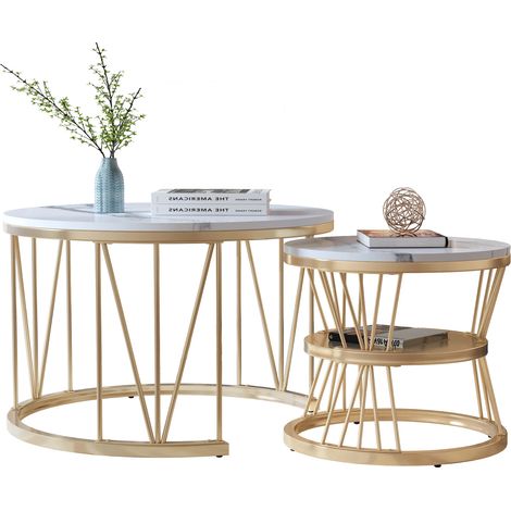 Ensemble de 2 tables d’appoint rondes effet marbre – Tables basses avec structure métallique pour salon, balcon ou espace de travail (1/5)