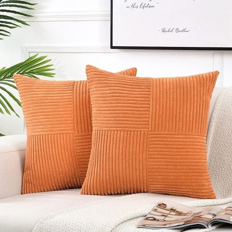 Set di 2 fodere decorative per cuscini da divano/letto, stile rustico bohémien, in morbido velluto a coste e patchwork (45 x 45 cm) - Arancione (1/5)