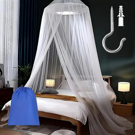 Moustiquaire Lit Ciel De Lit 60 x 250 x 1100cm Moustiquaire Voyage avec Crochets et Sac de Rangement pour Les Voyages et la Maison, Intérieur/Extérieur (Blanc) (1/5)