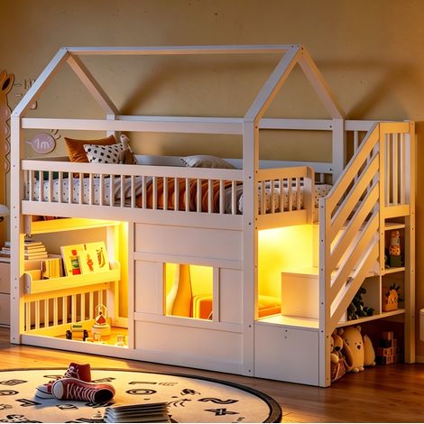 Cama alta infantil 90x200 cm con escalera, almacenaje y LED, blanca DESVIAE (1/5)