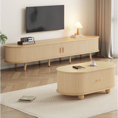 MEUBLIV TV-Möbel-Set mit ovalem Couchtisch in heller Holzoptik aus MDF mit Stauraum (1/5)