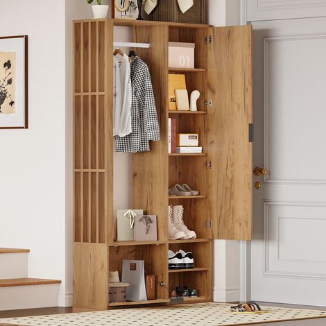Vestiaire d'entrée 100x33x190 cm avec miroir, penderie et rangement, panneaux de particules, bois naturel (1/5)