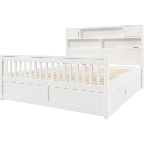 Letto a piattaforma 160 x 200 cm bianco con contenitore, LED, USB e 4 cassetti HOMVRA (1/5)