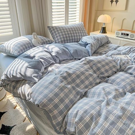 Housse de Couette 220x240 à Carreaux Vichy Bleu Moderne Parure de Lit Adulte 2 Personnes Housse Couette en Microfibre Linge de lit avec Fermeture Éclair et 2 Taies d'oreiller 65x65cm