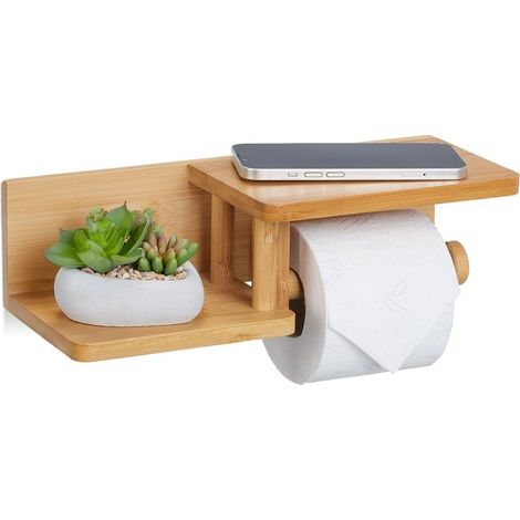 Porte-papier toilette mural en bambou 2 étagères pour smartphone et rouleau Installation murale Dimensions 9x31x12 cm (1/5)