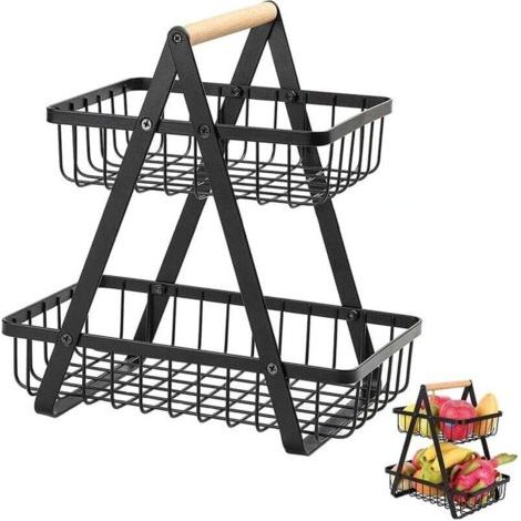 Corbeilles à Fruits, Panier a Fruits a Etages en Métal Décoration, Corbeille à Fruits en Métal à 2 Etages, Amovible Porte-Fruits Paniers, pour Stocker des Fruits et Légumes (Noir)