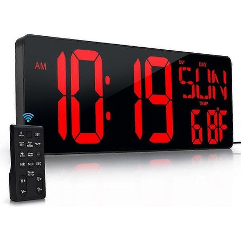 Horloge murale numérique 17,2 pouces avec affichage LED, minuteur, date, jour de la semaine, luminosité réglable automatiquement, prise UE, économie d'énergie, télécommande (1/5)