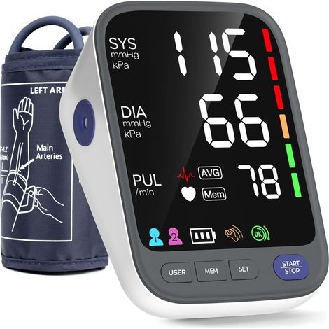 Tensiometre Bras, Tensiomètre à grand brassard (22-42 cm) pour le haut du bras, Écran LED extra-large 6,4" Tensiometre bras avec Mémoire 2 x 120 Moniteur de Fréquence Cardiaque (1/5)