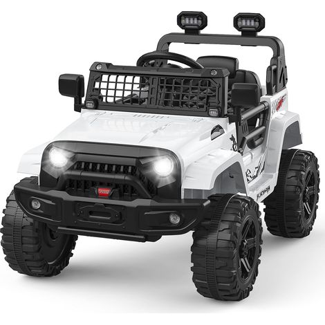 Voiture Électrique Enfant, 12V Véhicule Électrique avec Suspension à Ressort, lumières LED, Bluetooth, 2 Vitesses, Musique pour Garçons Filles Blanc
