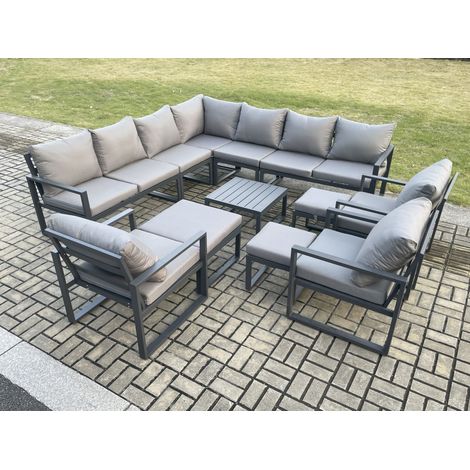Fimous 13 Seater Outdoor Garden Furniture Set Aluminium Lounge Corner Sofa Square Coffee Table 3 Pcs Chair Sets with 3 Footstools Dark Grey (1/5)