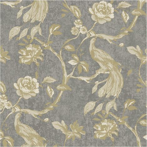 Grandeco Paradise Birds Charcoal Vinyl Wallpaper Scrubbable Paste The Wall (1/4)