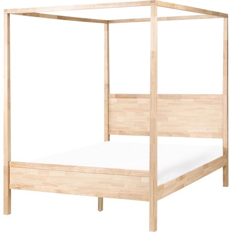 Letto a baldacchino minimalista con rete in legno di gomma e doghe marrone chiaro 160 x 200 cm Hauterives (1/5)