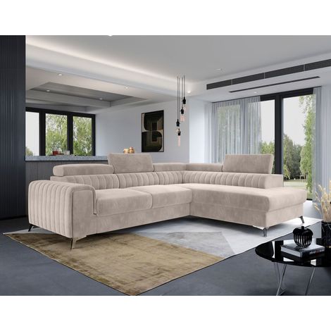 Bestmobilier – Canapé d'angle droit 5 places convertible avec coffre – Revêtement velours 100% polyester – Pieds métal chromé – Dimensions 278x205cm (1/5)
