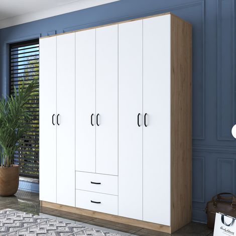Großer Tadasuni-Kleiderschrank, Schlafzimmer-Schrank mit 5 Regalen, 2 Schubladen, Kleiderstange, 180x210h cm Weiß (1/5)