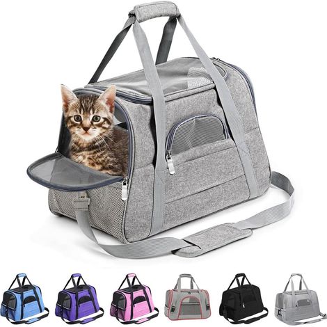 Bolsa transportadora para gatos, bolsa transportadora para gatos y perros, transportín transpirable y plegable para gatos con colchón de felpa extraíble (gris)
