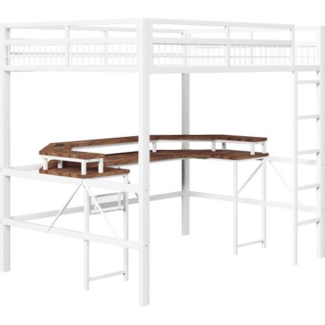 Lit mezzanine , structure en fer, avec bande lumineuse LED multicolore, bureau intégré, 1 port USB + 1 port Type-C et 2 prises électriques, panneau perforé, matelas non inclus