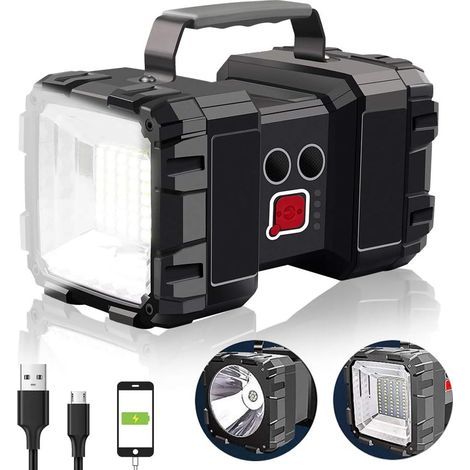Linterna recargable negra, 17,51013 cm, 1 proyector LED, modelo L2 con 45 LED, batería de litio 32650 integrada, batería externa. (1/5)