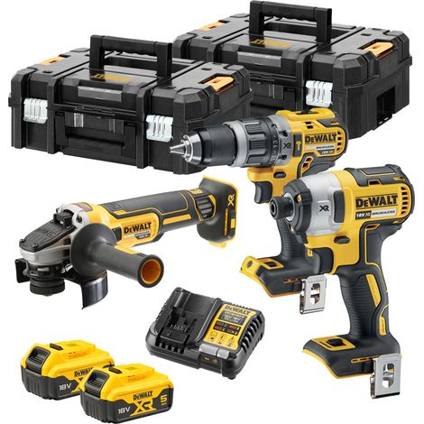 Paquete de 3 herramientas DEWALT 18V DCK384P2T-QW: taladro percutor DCD796, amoladora Ø125mm DCG405 y atornillador de impacto DCF887 con 2 maletines y 2 baterías