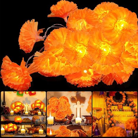 Guirnalda de luces artificiales de caléndula con luz LED para bodas indias, Diwali, Halloween, fiestas, decoración del hogar (funciona con pilas) (1/5)