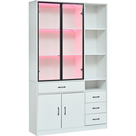 Vitrina alta con puertas de cristal y LED 120 x 35 x 200 cm blanca con 4 cajones y 13 compartimentos (1/5)