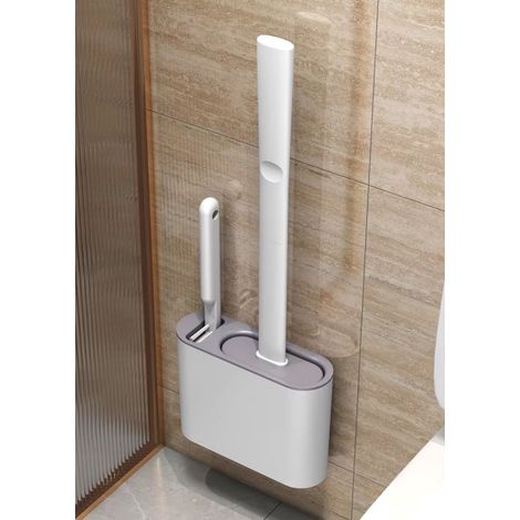 Cepillo para inodoro con limpiador de borde y soporte – De pie o para montaje en pared, cepillo de silicona para una limpieza higiénica. (1/5)