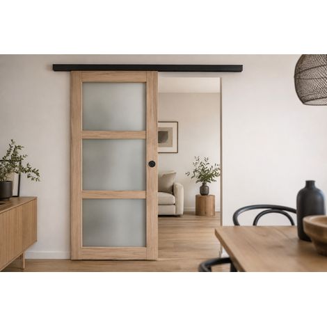 Porte Coulissante Bois Frake Vitrée H204 X L83 + Rail Bandeau Noir Et 2 Coquilles Noir (1/4)
