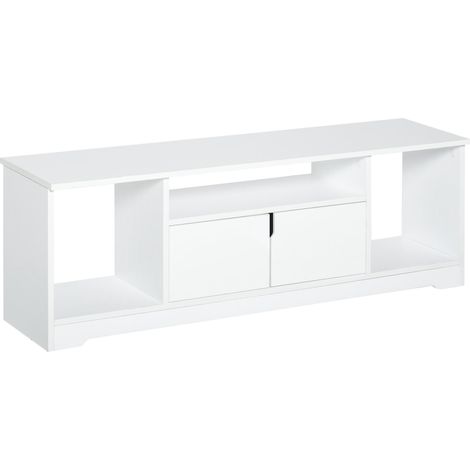 Meuble TV adapté aux téléviseurs de 42 pouces et moins, table TV moderne pour salon avec double porte et 3 étagères ouvertes, 120x30x41 cm, blanc.