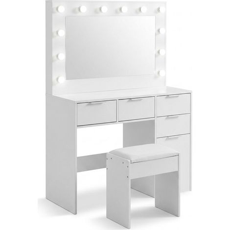 Tocador Relaxdays con espejo LED, taburete, 4 cajones y mueble con puerta, 140x105x40 cm, blanco (1/5)