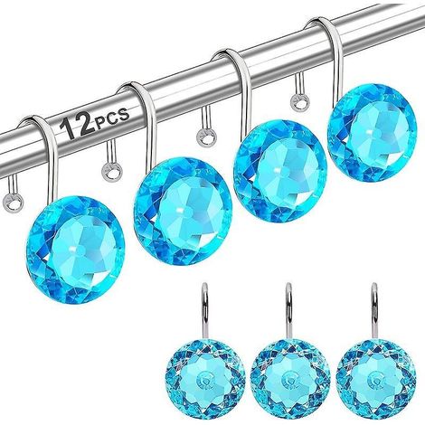 (bleu) Lot De 12 Crochets Dcoratifs Pour Rideau De Douche En Acrylique, Cristal Et Diamant - Crochets En Acier Inoxydable Pour La Dcoration De La (1/5)