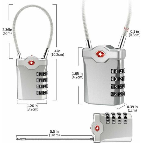 JSSEVN - 4-Digit Combination Lock for Luggage, Travel Suitcase, College Locker with Open Luggage Alert Function and Steel Cable (Silver) - 2 items