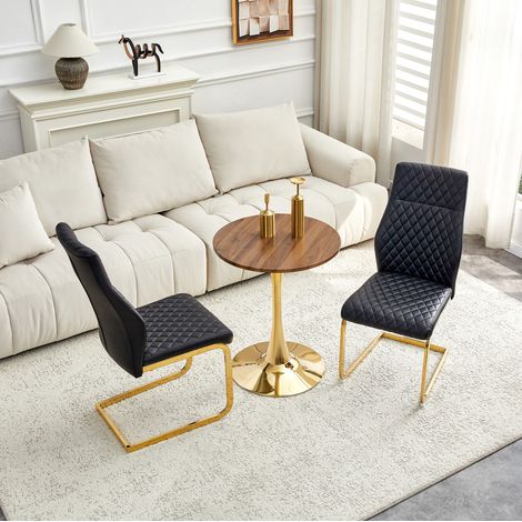 Ensemble table et 2 chaises de salle à manger, table ronde 60 cm en MDF effet noyer, chaises noires (1/5)