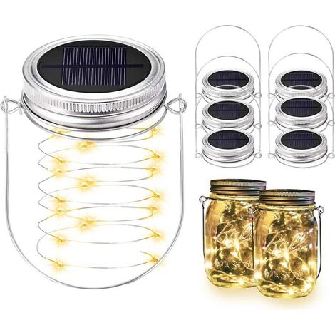 Guirlande lumineuse solaire à LED (20 LED) pour couvercles de bocaux en verre, comprenant 6 couvercles et 6 supports de suspension pour décoration extérieure (bocaux non inclus). (1/5)