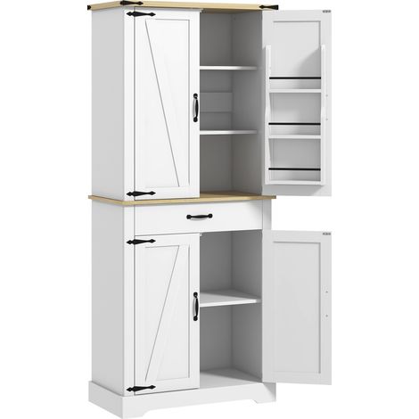 Armoire de cuisine buffet cuisine, 4 portes, 6 étagères à porte,1 tiroir et étagères réglables 76,5 x 40 x 181 cm blanc