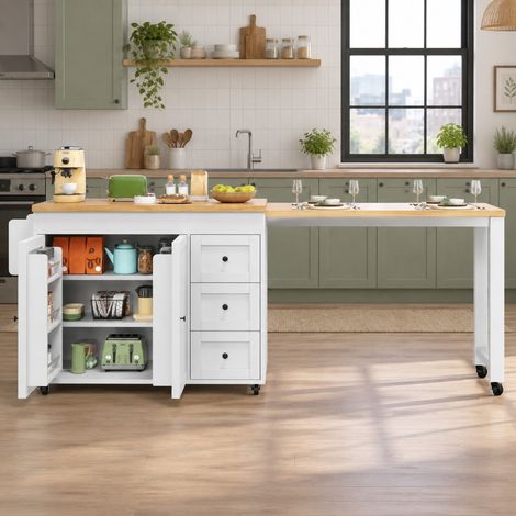 Isla de cocina extensible con 3 cajones y ruedas, blanco/negro, 116-179,5 cm (1/5)